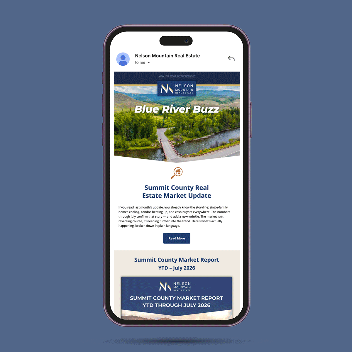 Nelson Mountain Real Estate email on a cell phone